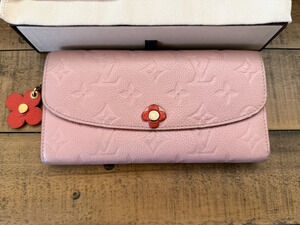 Louis Vuitton Pink Monogram Leather Long Wallet Flower Charm Floral Spain W/COA